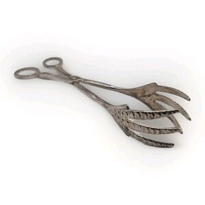 Vintage EP Zinc Silverplate Scissor Tongs Ornate Scroll Handles Dramatic Claws